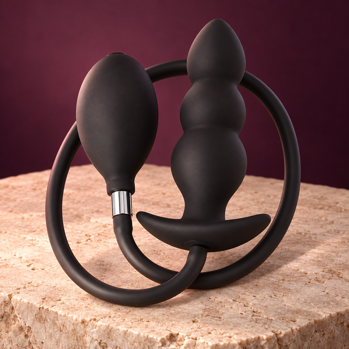 Inflatable silicone plug — styled supplier-reference image; final configuration pending