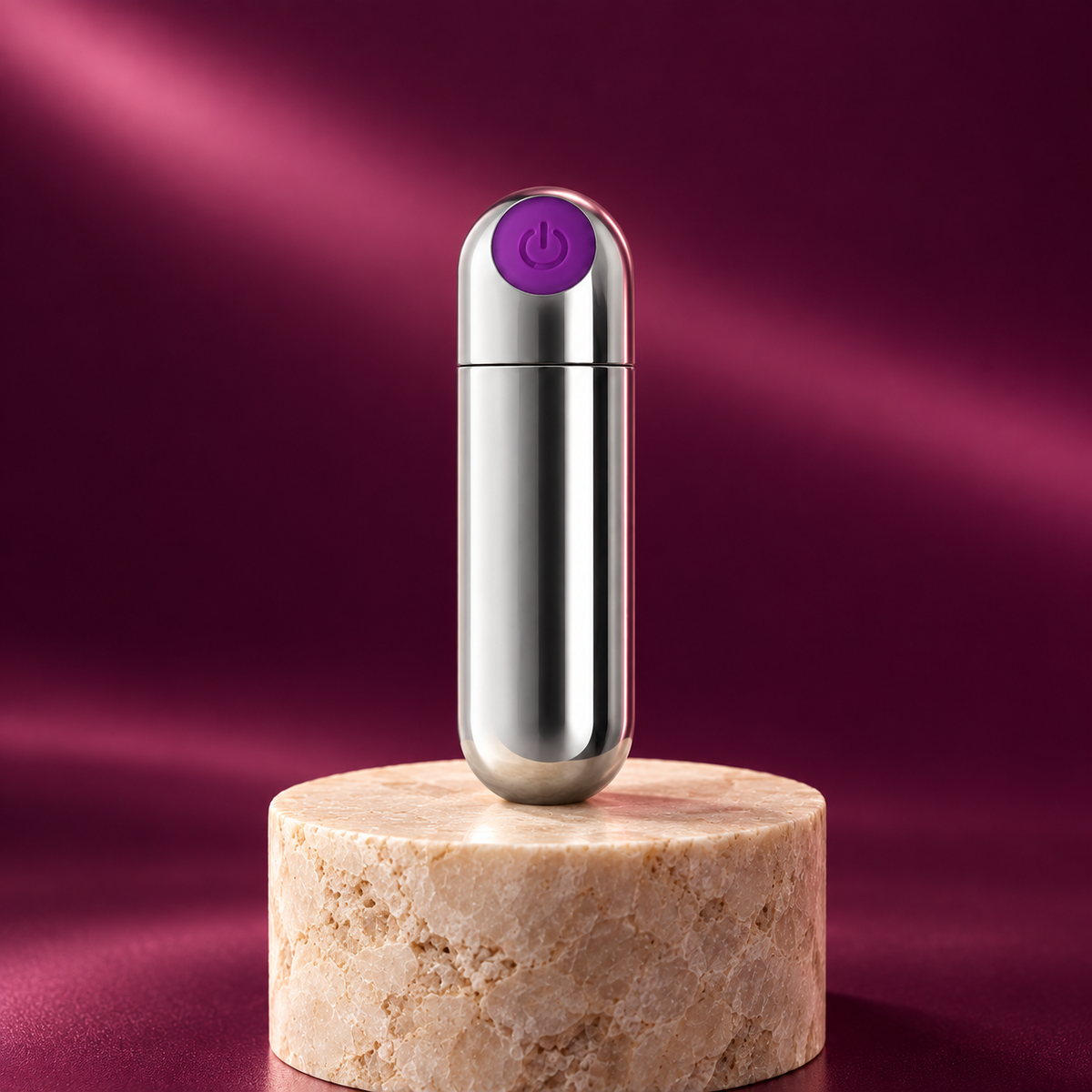 Rechargeable mini bullet — silver and purple upright KINKZA studio angle