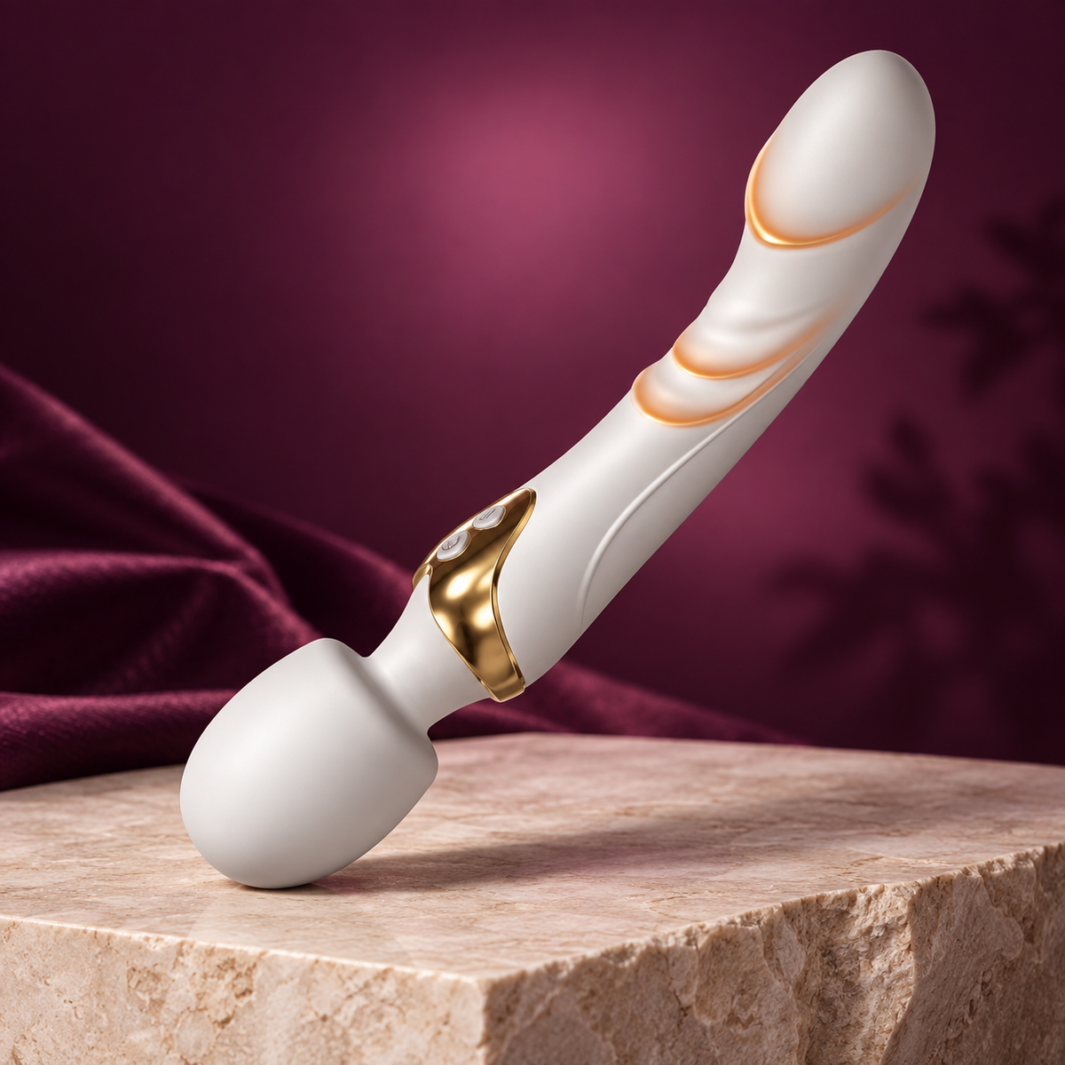 White and gold dual-motor personal massager — KINKZA plum hero view