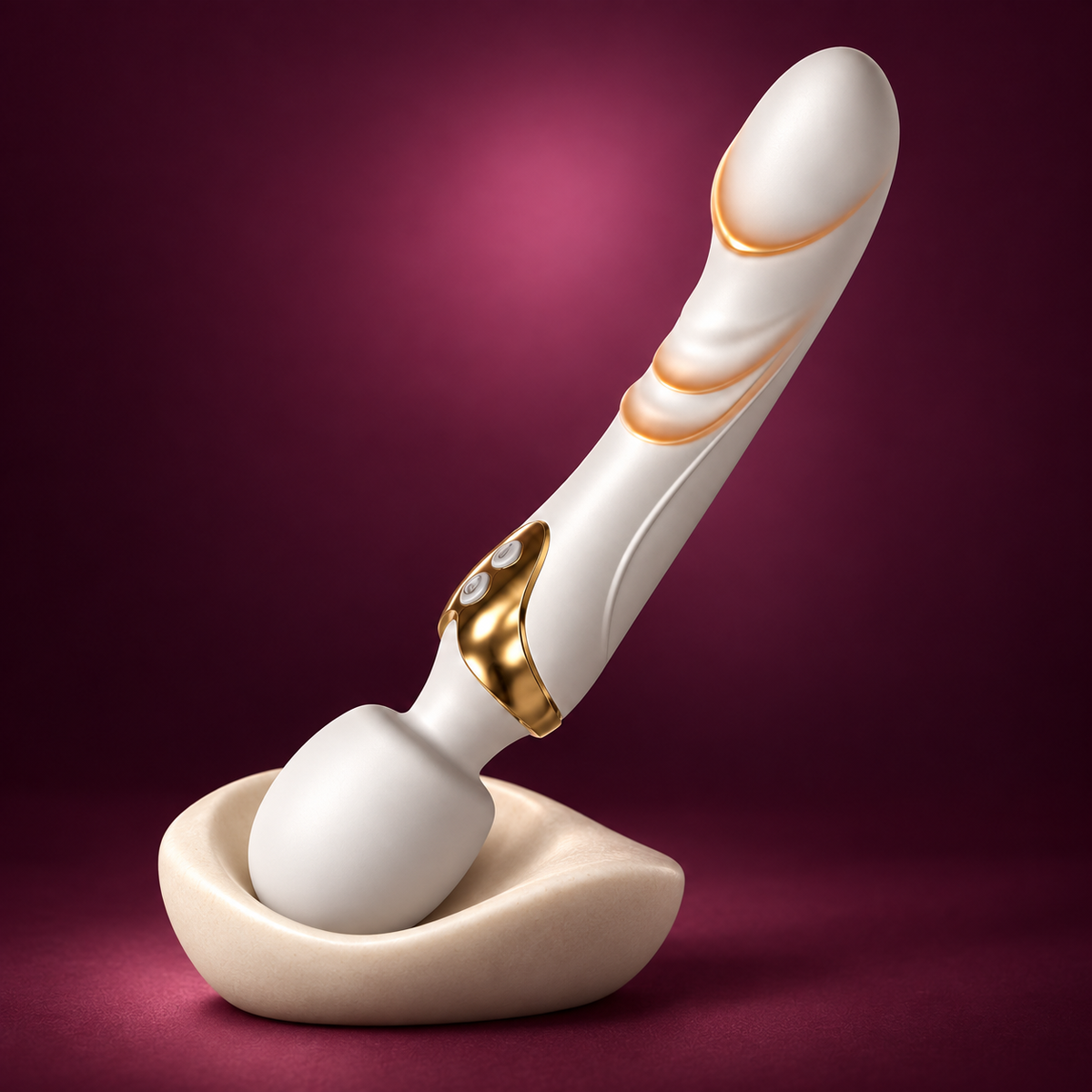 White and gold dual-motor personal massager — KINKZA upright plum view
