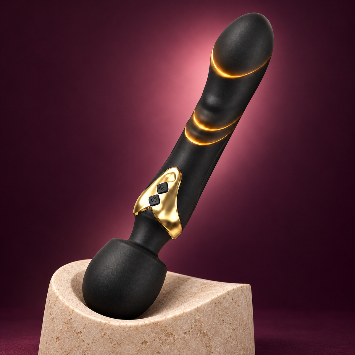 Black and gold rechargeable personal massager — KINKZA upright plum view