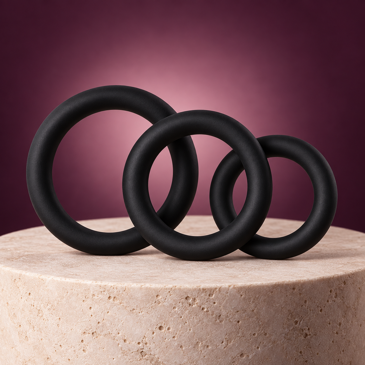 Three graduated black silicone rings — KINKZA plum hero view