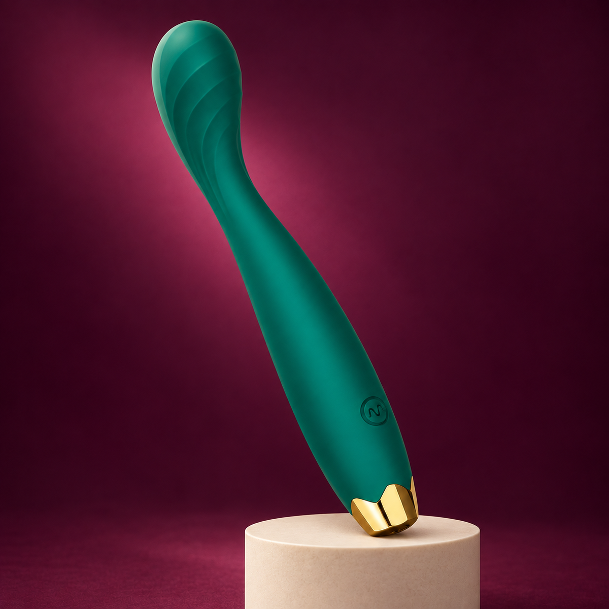 Green curved personal massager with gold end cap — KINKZA upright product view